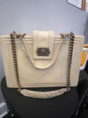 Chanel Le Boy Shopper Tote Large Vanilla Leather Gold Chain Work Bag